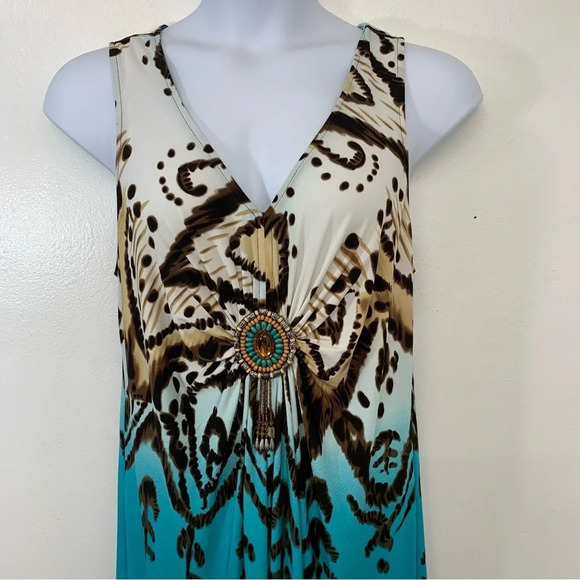 RM Richards Maxi Dress 16W  Stretch Knit Beaded Gathered Flowy Sleeveless Boho - Picture 2 of 10
